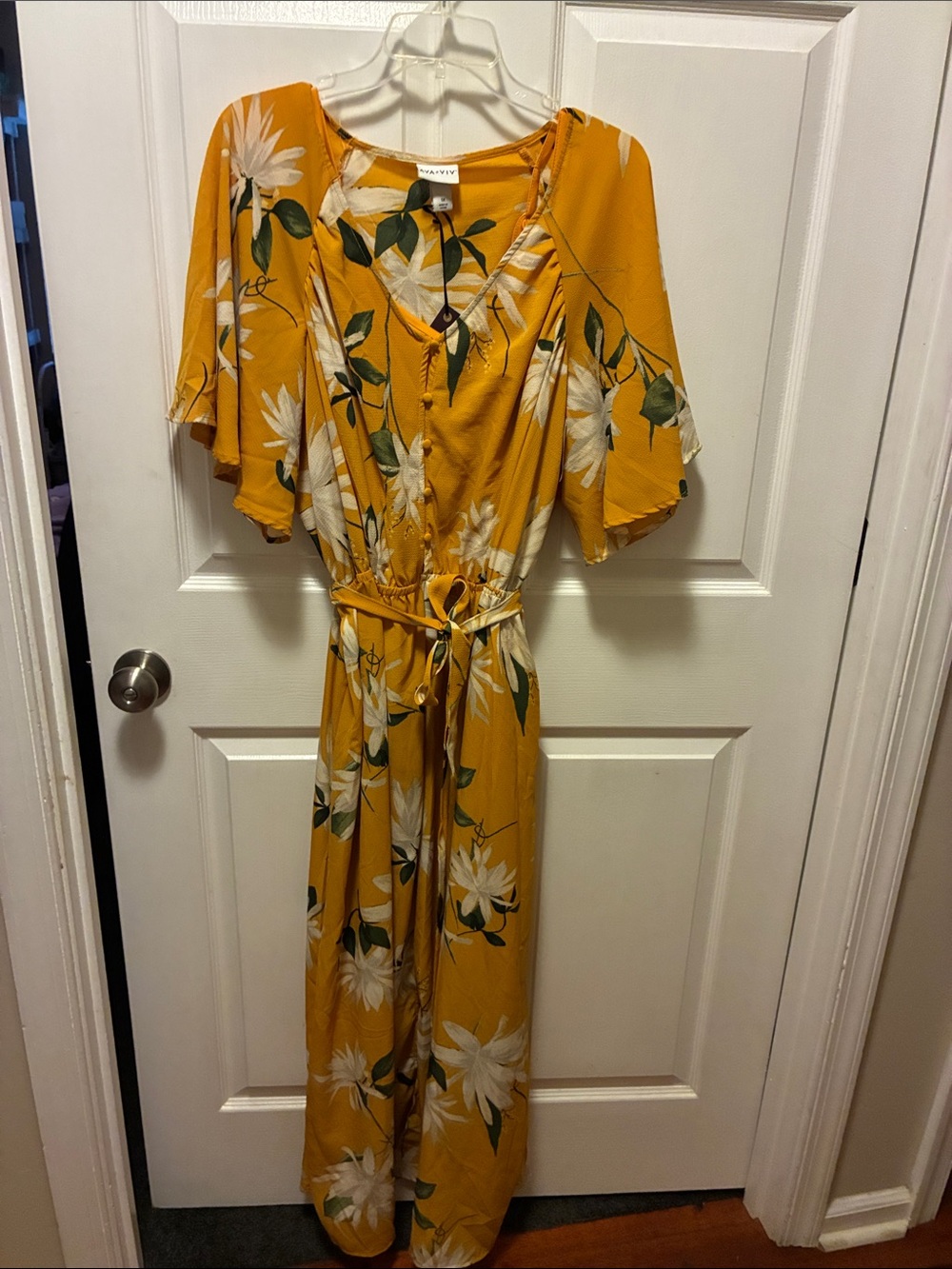 Ava & Viv Yellow Floral elbow-sleeve Maxi Dress w/elastic waist and Tie